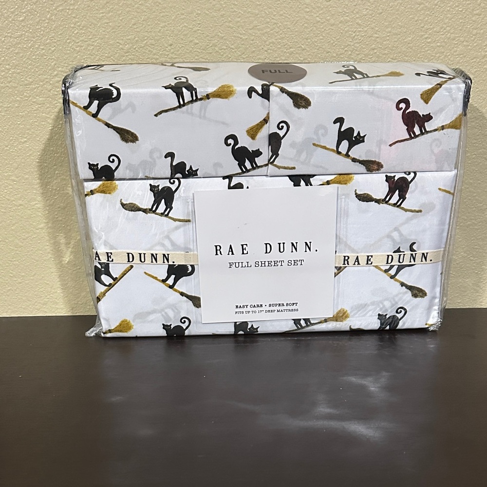 New Rae Dunn Full Sheet Set Halloween Black Cats and broomsticks